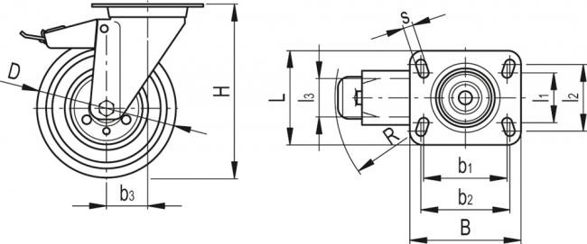 Kółko obrotowe fi 125mm gumowe z hamulcem z płytą montażową, nośność 130 kg RE.E3-125-SBF-N - rysunek techniczny