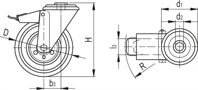 Zestawy kołowe ze stalową obudową RE.E3-FBF-N - Obudowa skrętną z przelotowym otworem montażowym, z blokadą