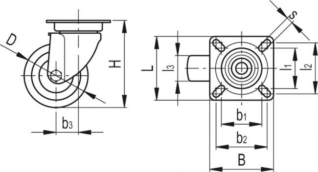 Kółko obrotowe fi 60mm poliuretanowe z płytą montażową, nośność 70 kg RE.C6-060-SBL - rysunek techniczny