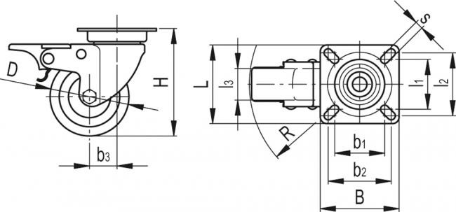 Kółko obrotowe fi 50mm poliuretanowe z hamulcem z płytą montażową, nośność 55 kg RE.C6-050-SBF-C - rysunek techniczny