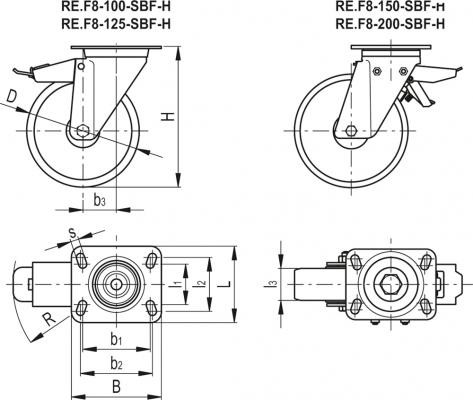 Zestawy kołowe do średnich i dużych obciążeń RE.F8-SBF-H - Obudowa skrętna z płytą montażową, z blokadą
