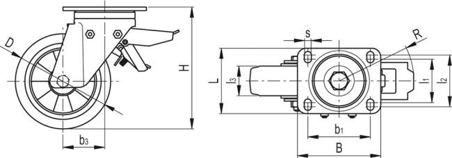 Zestawy kołowe do średnich i dużych obciążeń RE.G2-SSF-H - Obudowa skrętna z płytą montażową, z blokadą