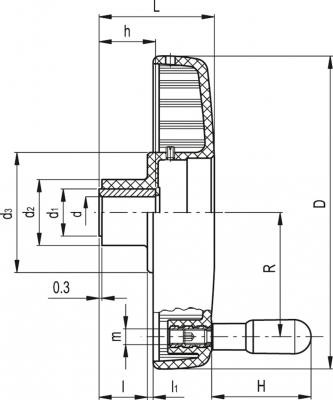 Koło ręczne pod wskaźnik VDSC.125-GXX2 A-10+I - z rękojeścią obrotową, piasta stalowa, oksydowana na czarno - rysunek techniczny