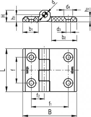 Zawiasy wydłużone w kierunku poziomym CFM-L-B - Otwory przelotowe pod śruby z łbem stożkowym, korpusy zawiasów o różnych wymiara