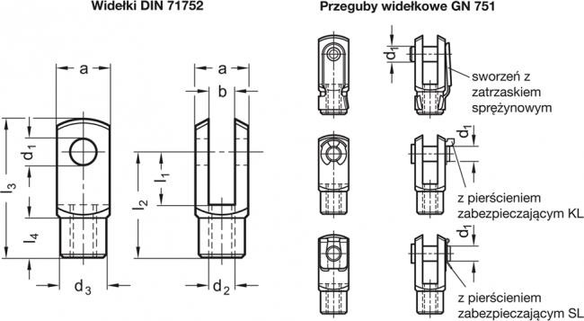 Przegub widełkowy GN 751-14-28-M14F-B - stal - rysunek techniczny