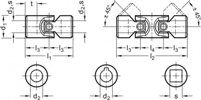 Przegub krzyżakowy DIN 808-22-K10-74-DG-NI - stal nierdzewna, Łożyskowane ślizgowo - rysunek techniczny
