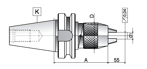 Trzpień frezarski z uchwytem BT40.A100.D16UW - rysunek techniczny