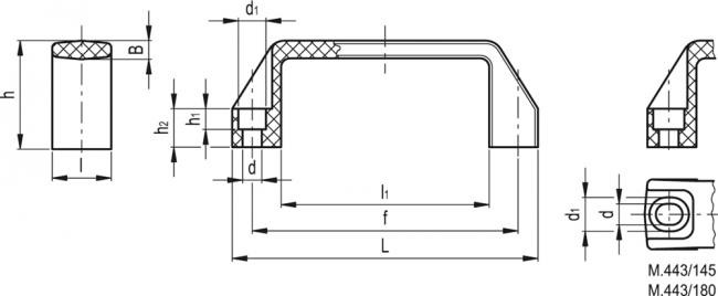 Uchwyt M.443/200 N-CH - polipropylen, otwory przelotowe pod śruby z łbem cylindrycznym - rysunek techniczny