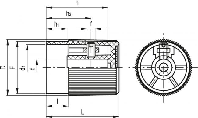 Pokrętło sterujące z chwytem radełkowanym IZP.25 N-6 - bez podziałki - rysunek techniczny