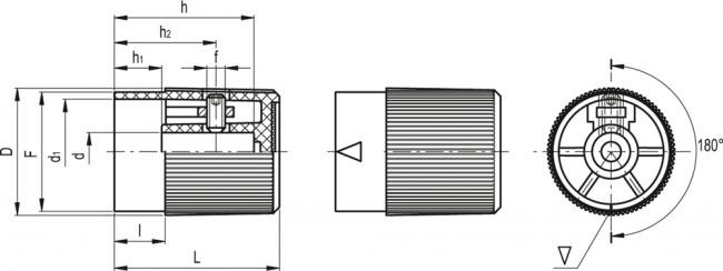 Pokrętło sterujące z chwytem radełkowanym IZP.35 N-10+K - ze wskazówką trójkątną - rysunek techniczny