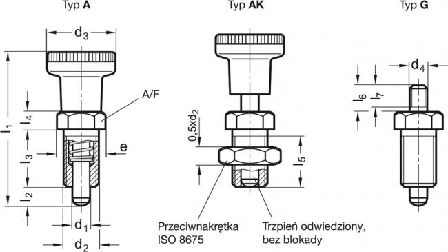 Trzpień ustalający GN 617-6-AK - stal, gałka z tworzywa - rysunek techniczny
