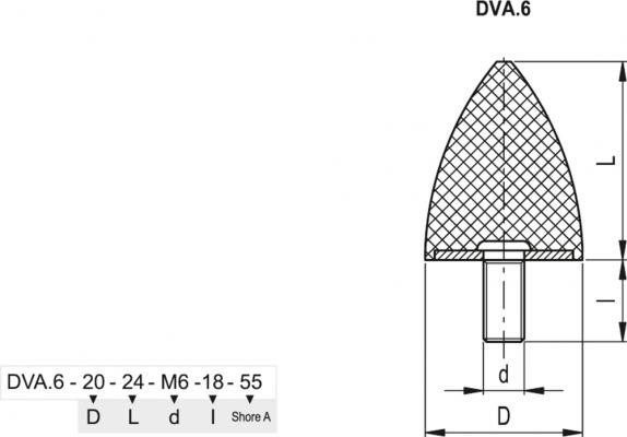 Wibroizolator DVA.6-20-24-M6-18-70 - trzpień gwintowany - rysunek techniczny