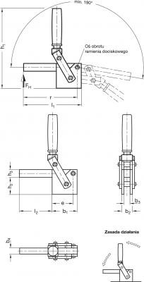 Dociskacz pionowy, typ ciężki GN 813-3000-F - z przylgą pionową - rysunek techniczny