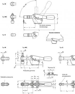 Dociskacz poziomy GN 820-130-MC - stal - rysunek techniczny
