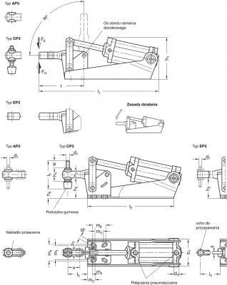 Dociskacz pneumatyczny GN 860-70-AP3 - rysunek techniczny