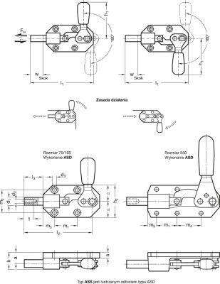 Napinacz suwakowy, typ ciężki GN 844-70-ASD - ciągnąco-pchające - rysunek techniczny