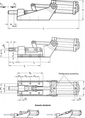 Dociskacz pneumatyczny GN 890-1100-SP-M - ciągnąco-pchające - rysunek techniczny