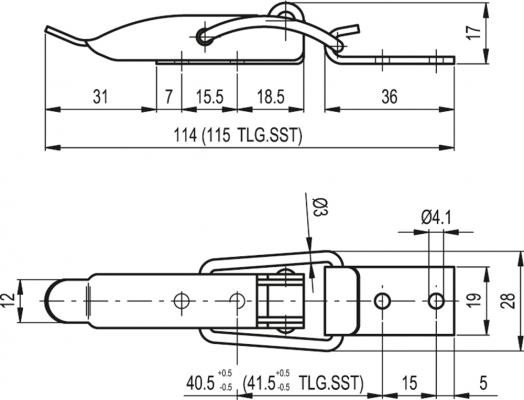 Zapięcie hakowe TLG.SST-12/114+R - rysunek techniczny