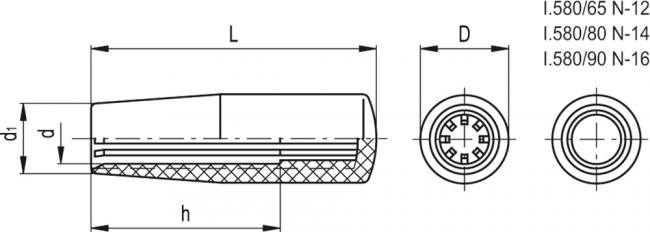 Rękojeść nieobrotwa I.580/65 N-12 - technopolimer - rysunek techniczny