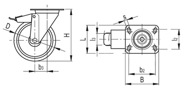Kółko obrotowe fi 100mm gumowe z hamulcem z płytą montażową, nośność 70 kg 4023 - 100x30 - rysunek techniczny