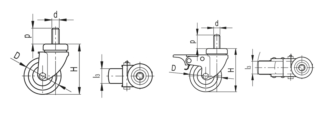 Kółko obrotowe fi 75mm gumowe z gwintowanym trzpieniem, nośność 50 kg N184075 - rysunek techniczny