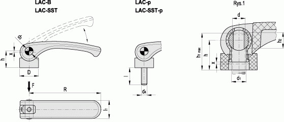Dźwignia zaciskowa mimośrodowa LAC.80-B-M8 - pozycjonowanie bez nakrętki regulacyjnej, sworzeń ze stali ocynkowanej, z otworem g - rysunek techniczny