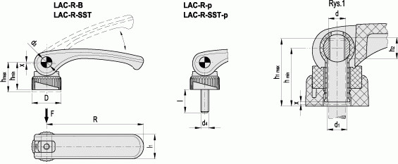 Dźwignia zaciskowa mimośrodowa LAC.63-SST-p-M6x25-R - pozycjonowanie za pomocą nakrętki regulacyjnej, sworzeń z trzpieniem gwint - rysunek techniczny