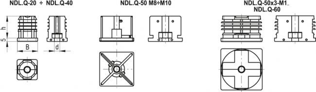 Wkładka do profili kwadratowych NDL.Q-20x1.5-2-M10 - technopolimer - rysunek techniczny