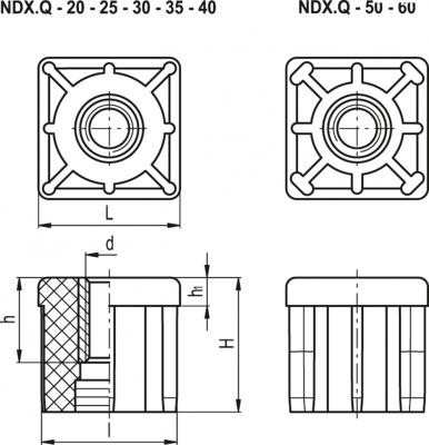 Wkładka do profili kwadratowych NDX.Q-50x1.2-M14 - technopolimer - rysunek techniczny
