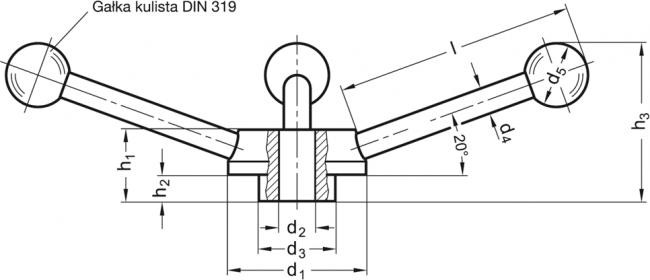 Kołowrot GN 213-72-K18 - stal oksydowana na czarno - rysunek techniczny