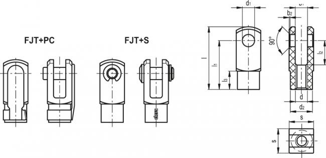Przegub widełkowy FJT-M8+PC - technopolimer - rysunek techniczny