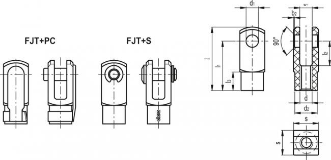 Przegub widełkowy FJT-M8+S - technopolimer - rysunek techniczny