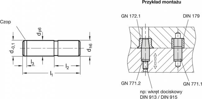 Kołek pozycjonujący GN 771.1-5-18-8 - cylindryczne do tuleji pozycjonujących din 172 / din 179 - rysunek techniczny