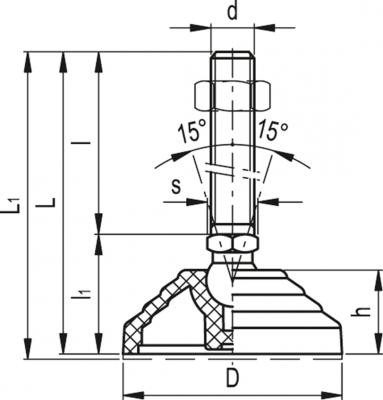 Stopa wahliwa LV.A-100-24-AS-M20x98 - podstawa z technopolimeru, trzpień gwintowany, stalowy, ocynkowany - rysunek techniczny
