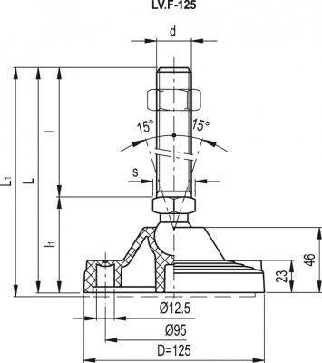 Stopa wahliwa z otworami do kotwienia LV.F-100-14-M16x148 - podstawa z technopolimeru, trzpień gwintowany, stalowy, ocynkowany - rysunek techniczny