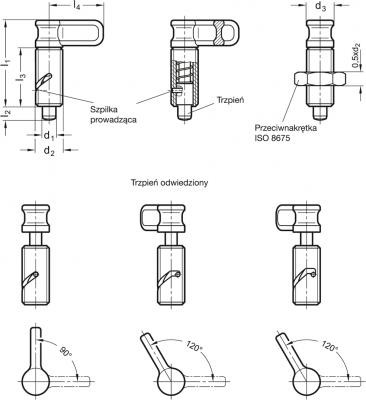 Trzpień ustalający z dźwignią GN 712-10-M16x1,5-R - trzpień odciągany - rysunek techniczny