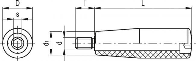 Rękojeść obrotowa I.281/65+x-M10 - trzpień ze stali chromowanej - rysunek techniczny