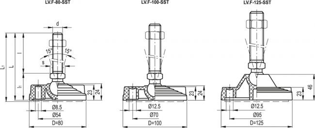 Stopa wahliwa z otworami do kotwienia LV.F-100-14-SST-M10x43 - podstawa z technopolimeru, trzpień gwintowany, ze stali nierdzewn - rysunek techniczny