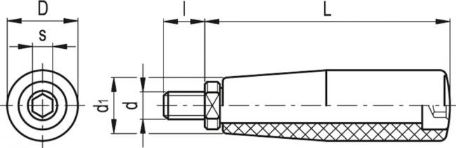 Rękojeść obrotowa I.281/100+x-M14+Gh - trzpień oraz nakrętka blokująca ze stali - rysunek techniczny