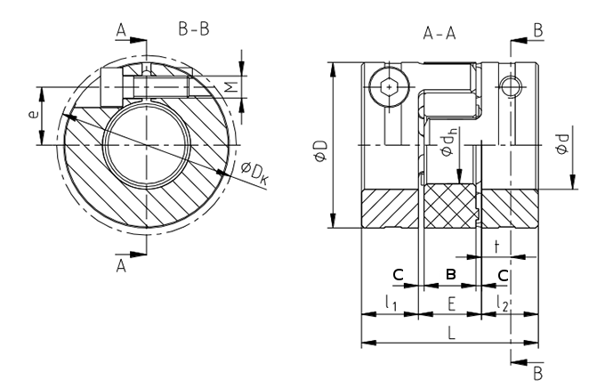 Piasta sprzęgła JM 20C 9,5mm + klin - rysunek techniczny