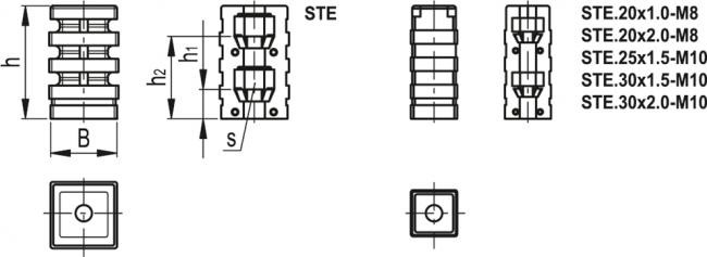 Łącznik rozprężny do profili kwadratowych STE.20x1.0-M6 - technopolimer - rysunek techniczny