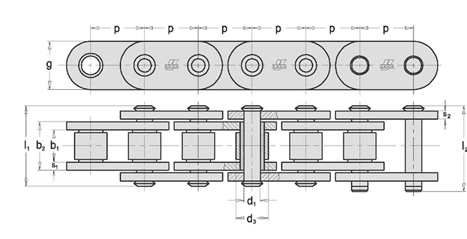Łańcuch rolkowy z prostą płytką 40A-1RD RETEZY VAMBERK - rysunek techniczny