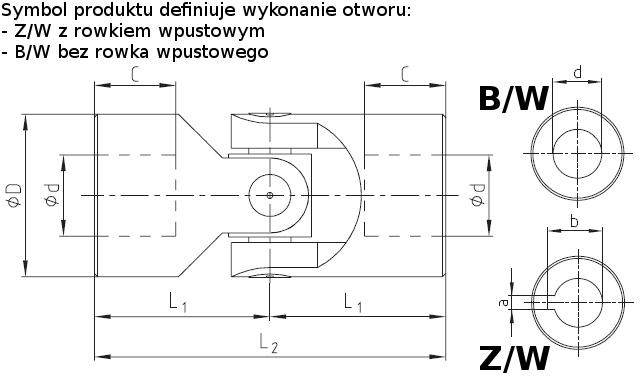 Przegub krzyżakowy pojedynczy z panewką KTR 1G 16H7 Z/W - rysunek techniczny