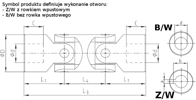 Przegub krzyżakowy podwójny z panewką KTR 02GD 8H7 Z/W - rysunek techniczny