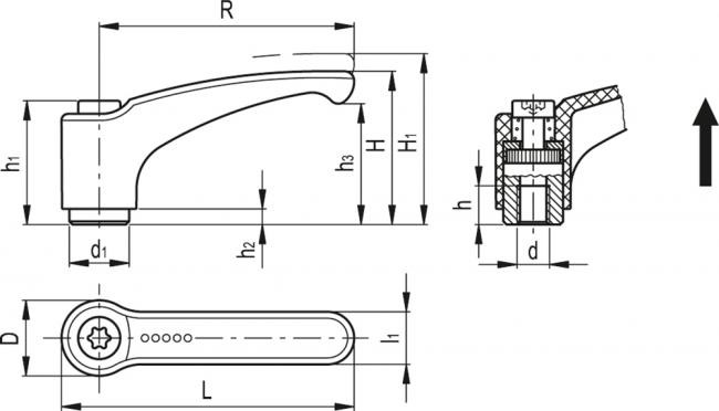 Rękojeść nastawna ERZ.78 A-M12 - element zaciskowy ze stali oksydowanej na czarno, otwór gwintowany - rysunek techniczny