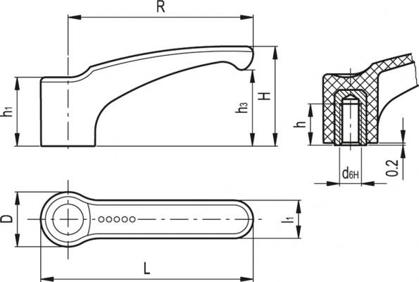 Rękojeść dźwigniowa ERF.95 B-M12-C1 - wtopka mosiężna, otwór gwintowany czarny - rysunek techniczny