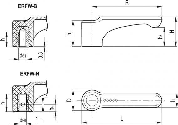 Rękojeść dźwigniowa ERFW.44 B-M6-C1 - technopolimer czarny - rysunek techniczny
