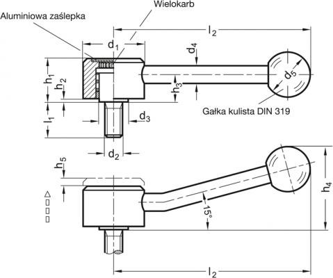 Dźwignia nastawna płaska ze stali nierdzewnej GN 125.5-36-M10-80-D - Dźwignia nastawna ze stali nierdzewnej, z trzpieniem gwinto - rysunek techniczny