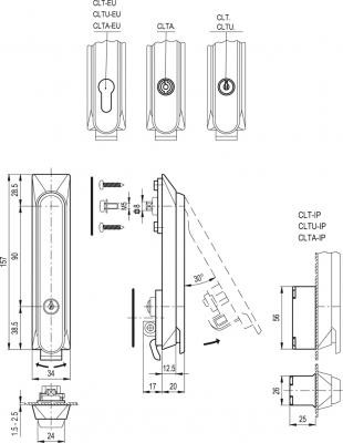 Zamek do systemów ryglujących CLTU.160-EU - z uchwytem prętów ryglujących, technopolimer - rysunek techniczny