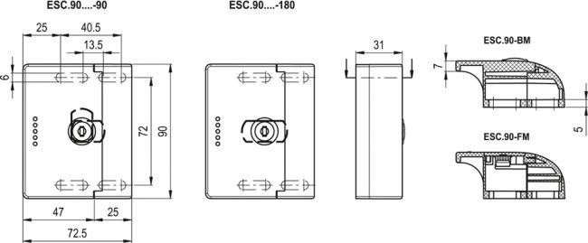 Uchwyt do drzwi z zamknięciem ESC.90-BM-K-90-F technopolimer - rysunek techniczny
